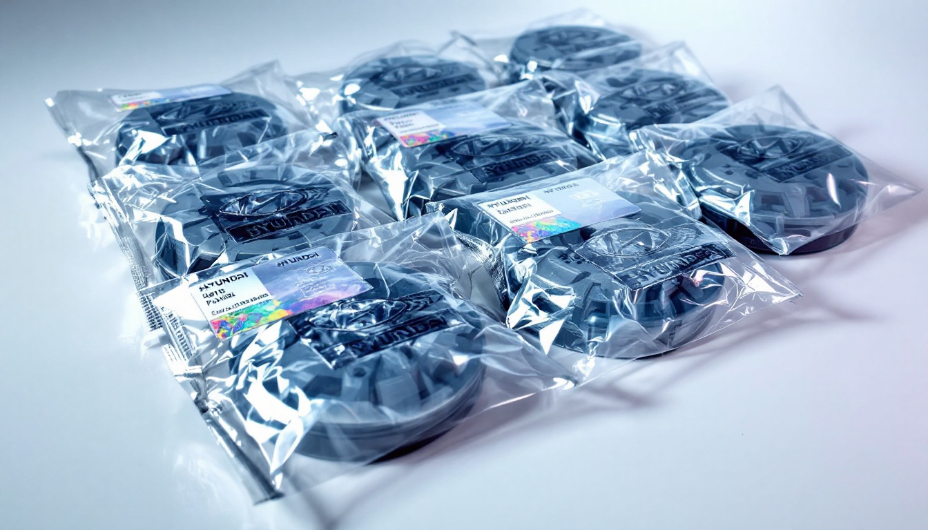 현대 굴삭기 정품 부품의 포장과 진품 식별 요소를 강조한 이미지