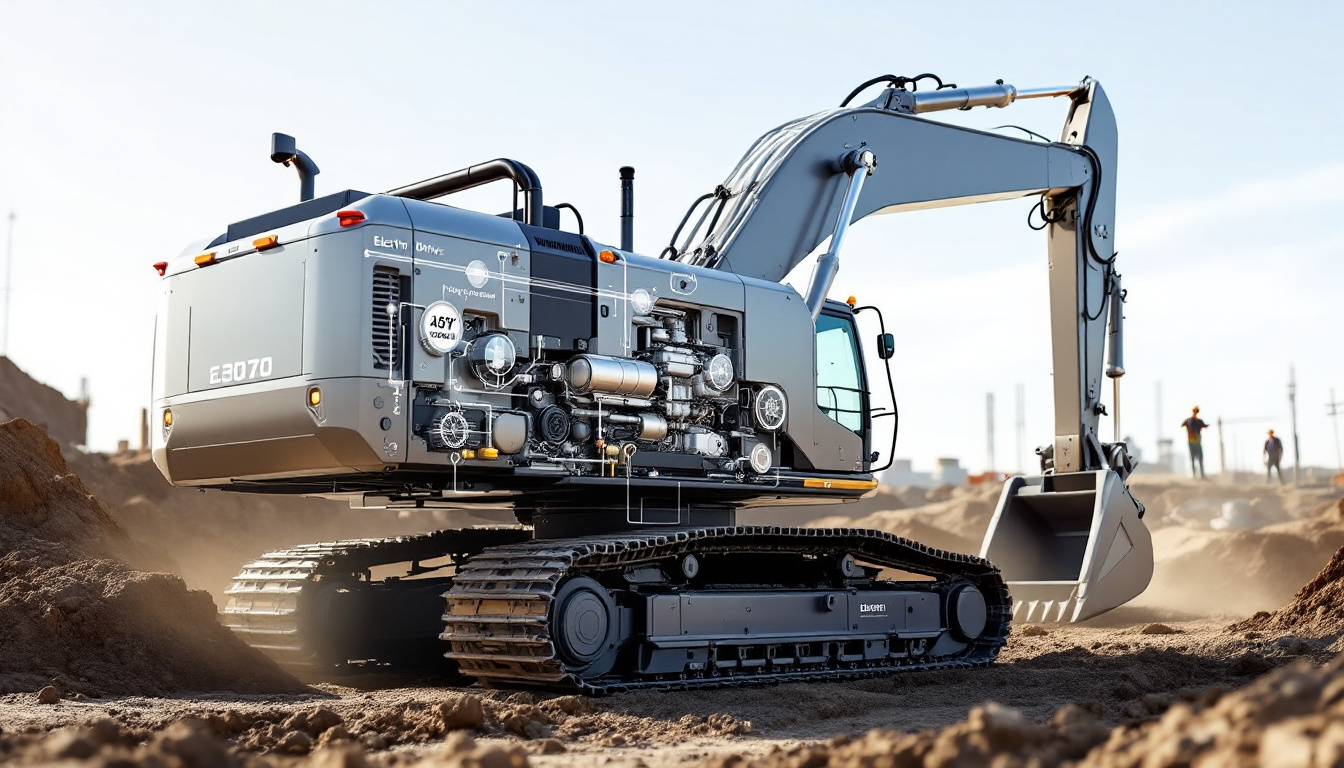 크롤러 굴삭기의 최신 기술 부품을 선명하게 보여주는 실제 작업 현장 사진