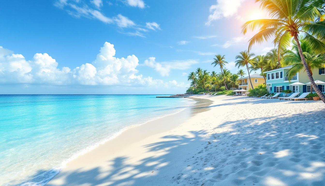 Santa Fe Beach Club의 평화로운 해변과 페리터미널 근처 리조트 전경