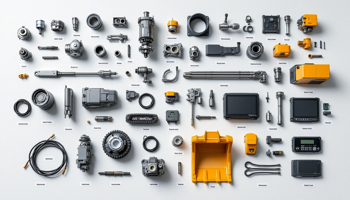 현대 굴삭기 주요 부품 카테고리별 세부 부품들을 보여주는 이미지