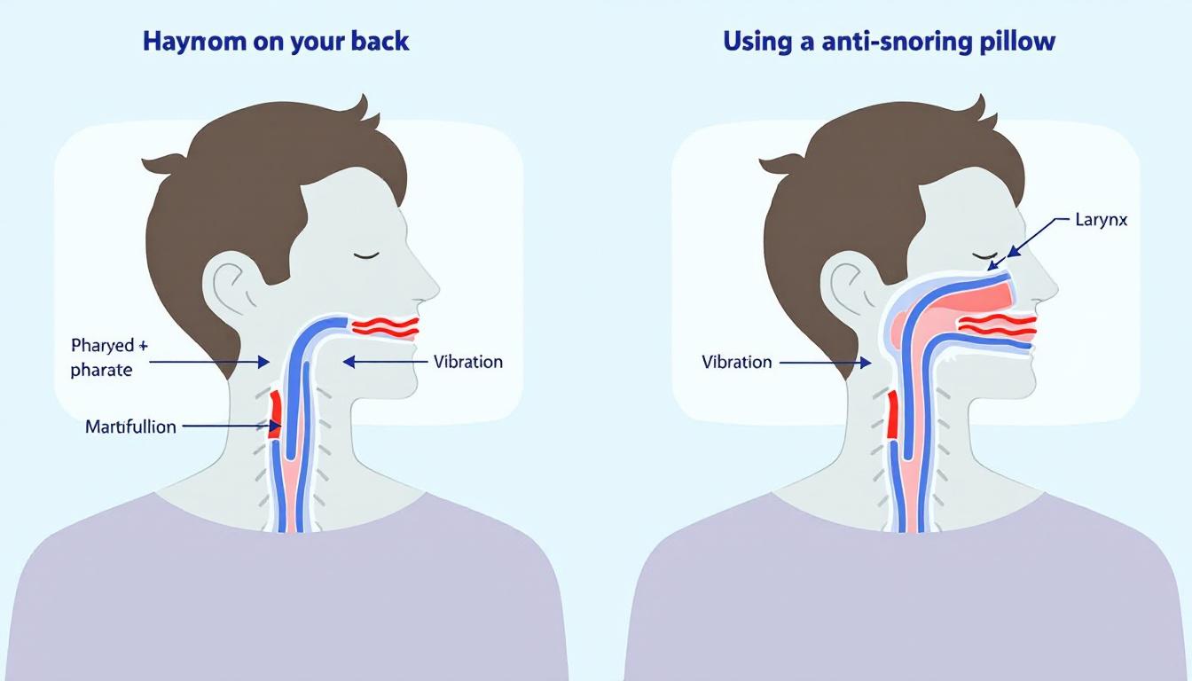 코골이 베개 사용 전후 기도 개방과 진동 감소를 보여주는 과학적 인포그래픽