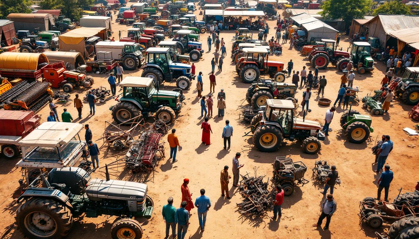 글로벌 중고 농기계 시장의 활기찬 모습과 다양한 중고 트랙터와 농기계에 관심을 보이는 농부들