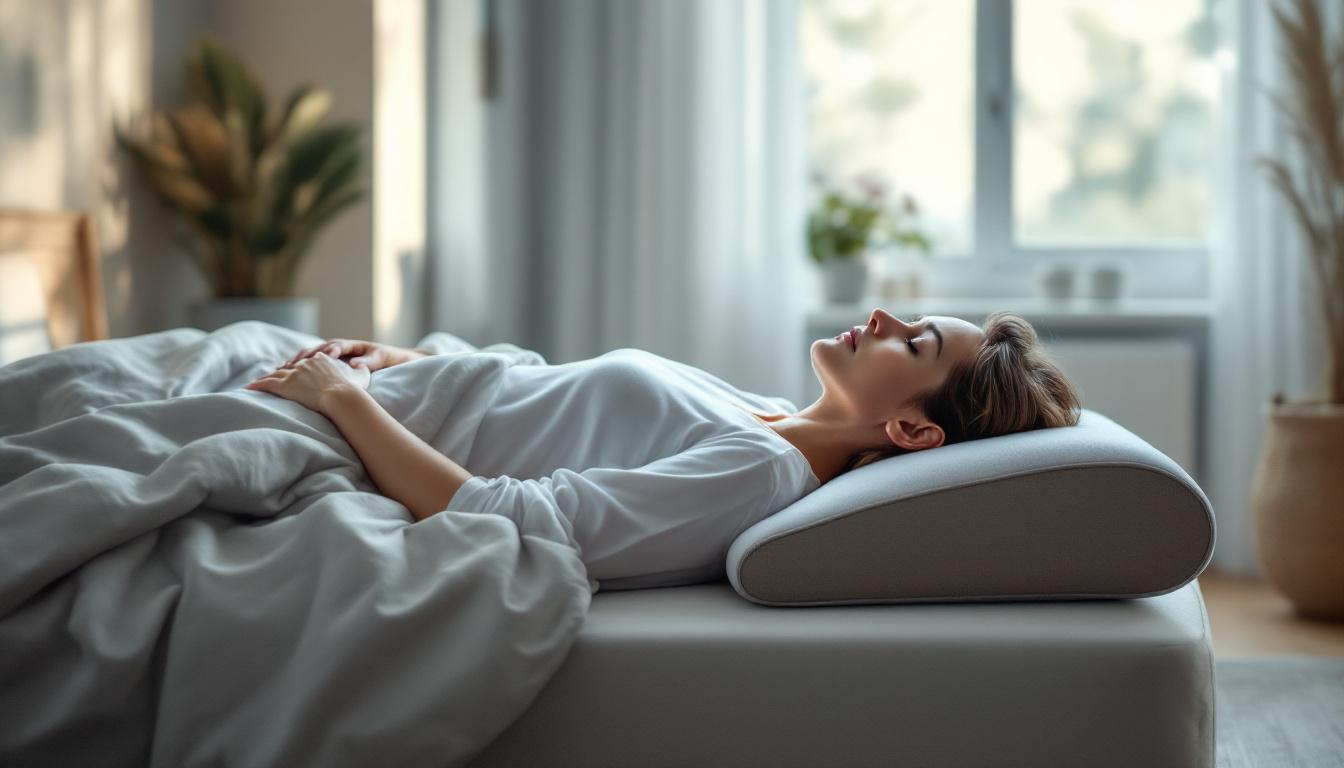 코골이 베개를 사용해 올바른 경추 정렬과 열린 기도를 유지하며 편안히 자는 사람