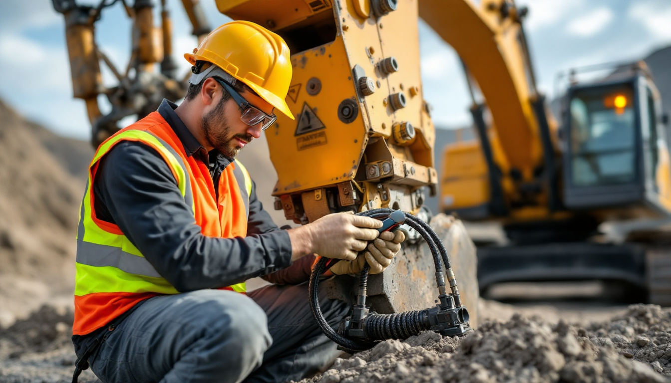 현대 굴삭기 부품 교체 작업 중 안전 절차와 보호장비를 갖춘 작업자의 모습