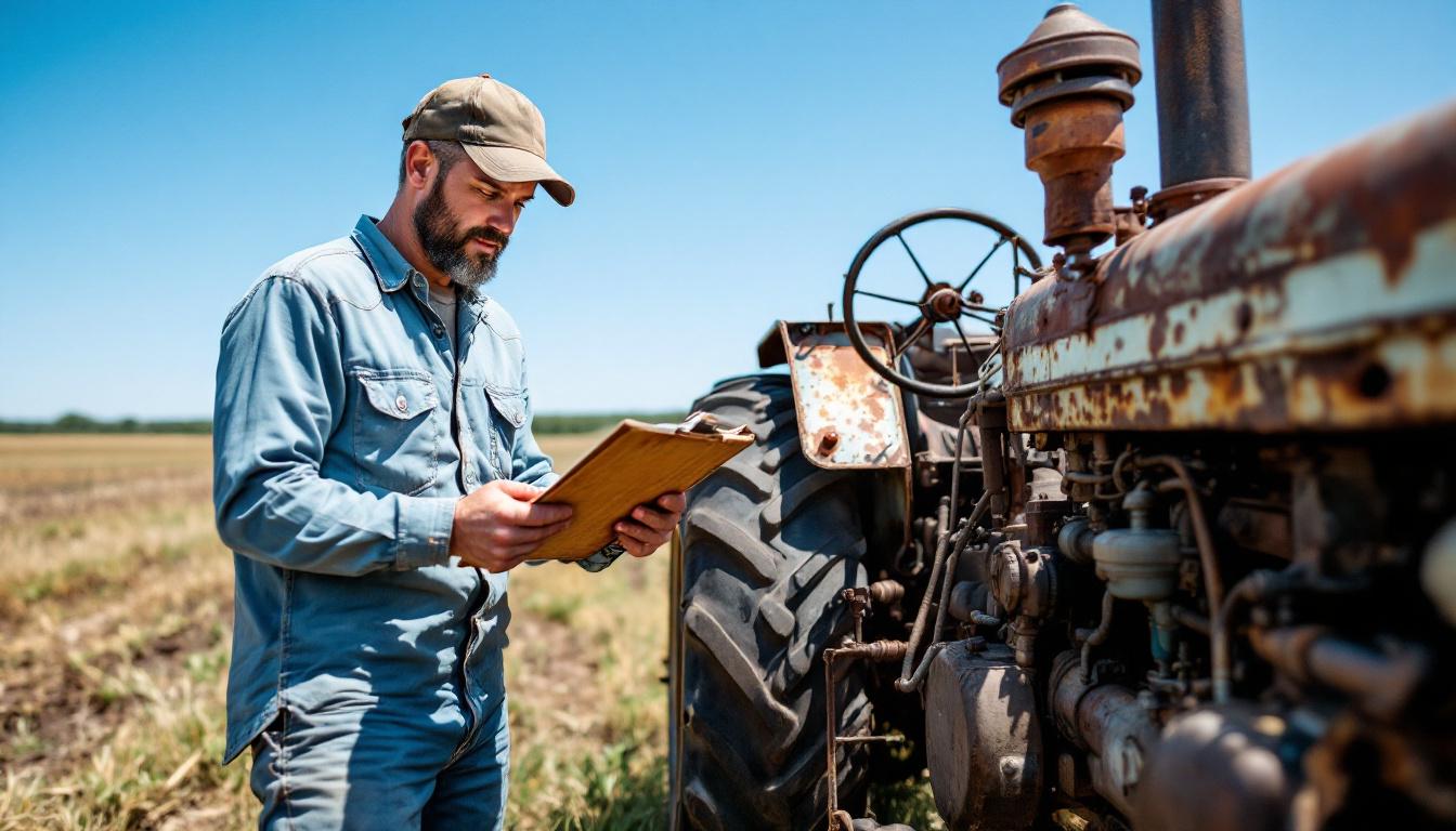 현장에서 중고 트랙터를 점검하며 체크리스트를 확인하는 농부의 모습
