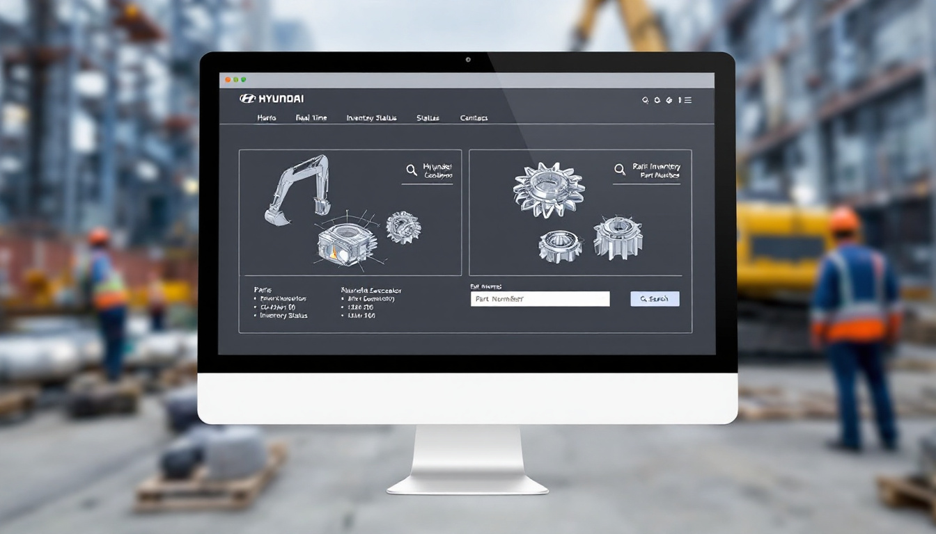 현대 굴삭기 부품 카탈로그의 온라인 인터페이스와 3D 도면을 보여주는 이미지