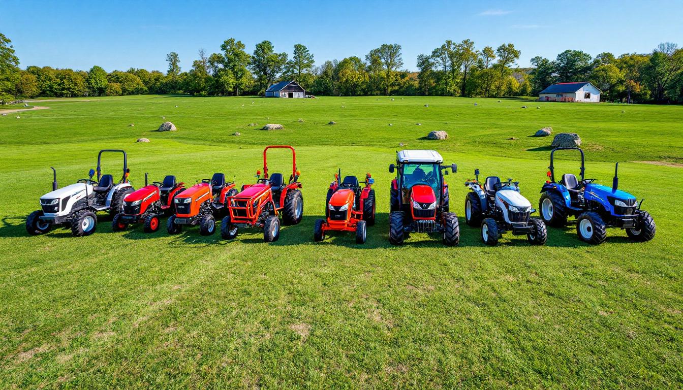브랜드별 소형, 중형, 대형 트랙터 모델들이 한 줄로 나열된 비교 이미지