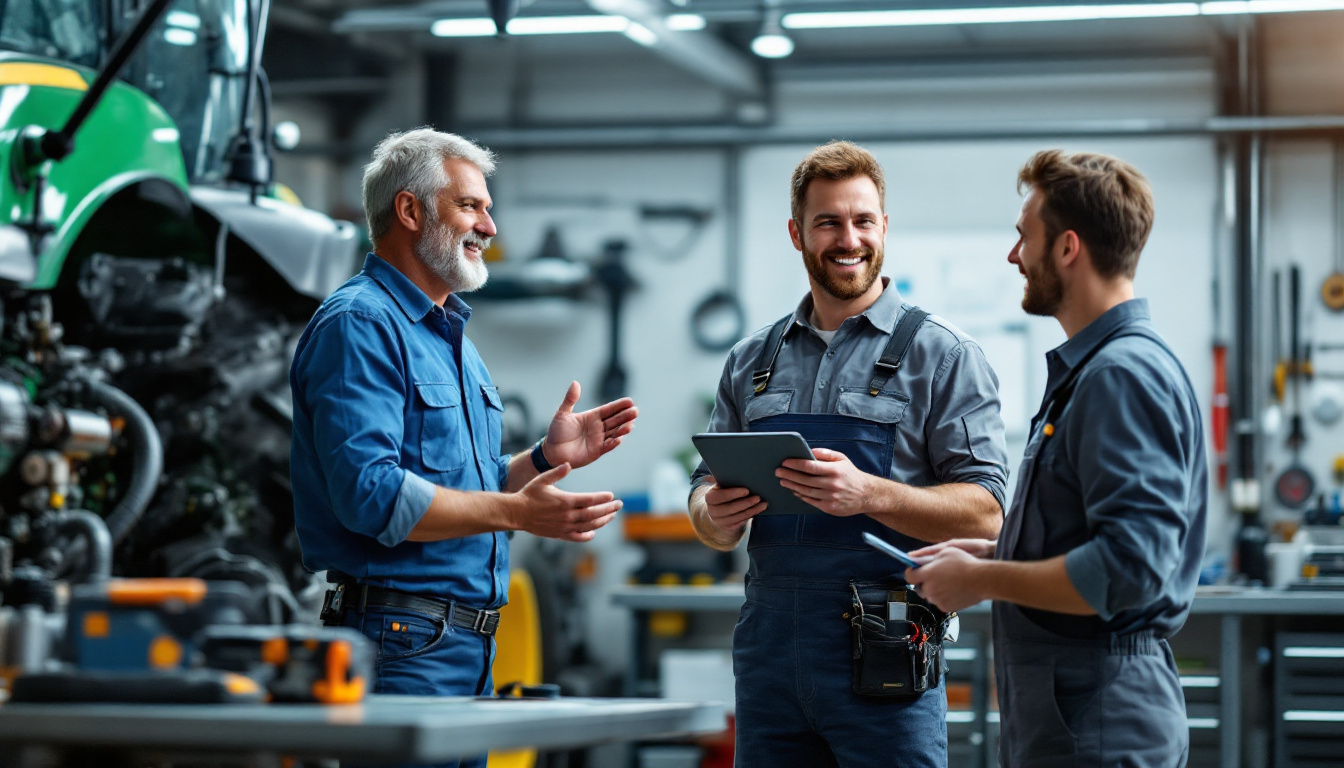 농기계 정비 후 만족하는 농부와 기술자 모습
