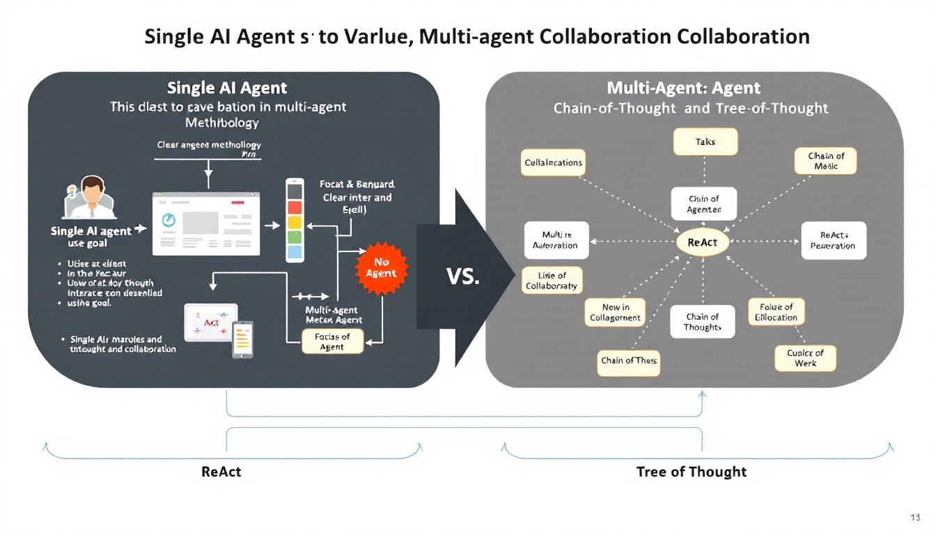 단일 에이전트와 멀티 에이전트의 워크플로우 구조와 ReAct, CoT, ToT 방식을 시각적으로 설명한 이미지