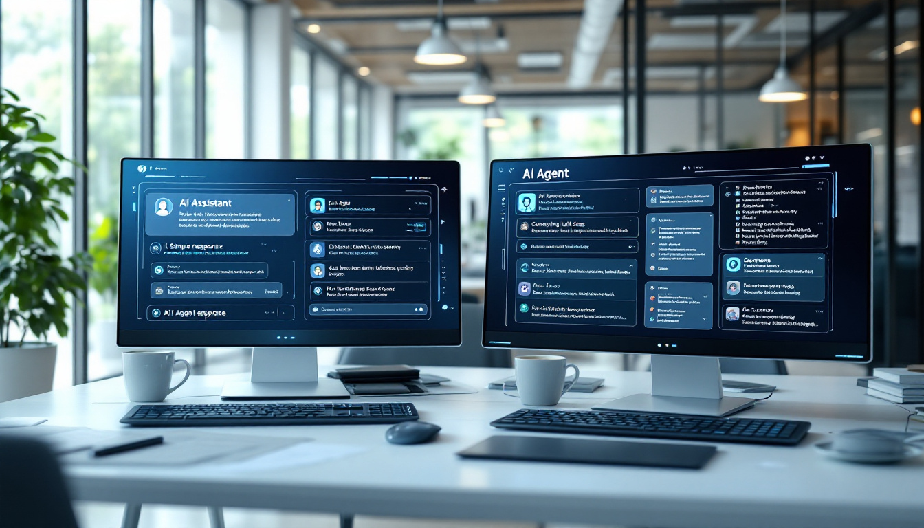 AI Assistant와 AI Agent의 근본적 차이와 기능을 비교하는 실사 스타일 이미지