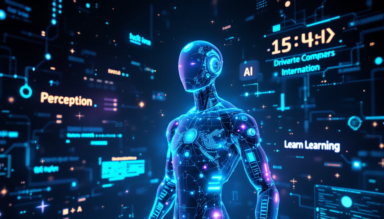 AI 에이전트의 기본 개념을 나타내는 미래지향적인 디지털 인간 형상과 디지털 환경의 실사 이미지