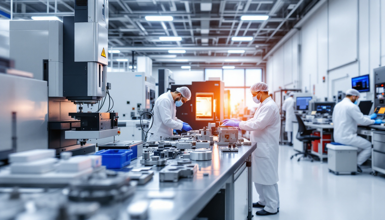 굴삭기 부품의 재질 분석, CNC 가공, 열처리, 내구성 테스트를 수행하는 실험실 장면